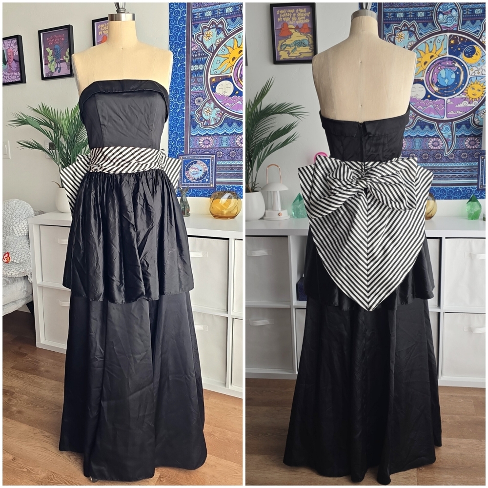 Vintage 80s Gunne Sax by Jessica McClintock Strapless Tiered Gown w Bow US 9